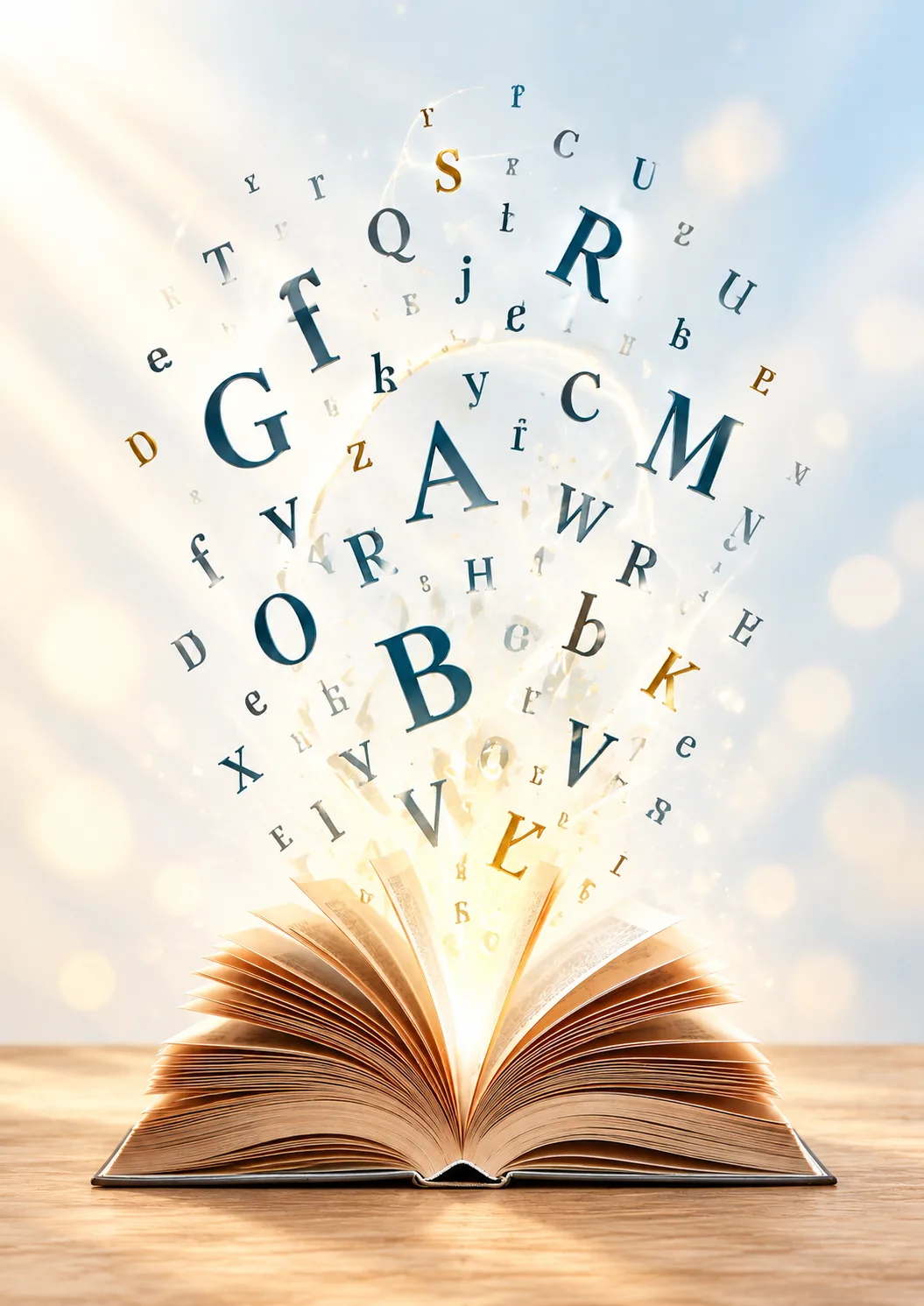 Un libro aperto da cui si sollevano lettere luminose
